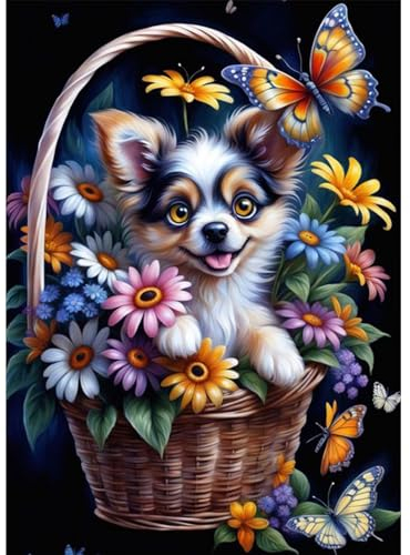 DOMROM Hund Diamond Painting, Blumen Diamant Painting Bilder Erwachsene, Tier Diamant Malerei Kits Kinder 5D Diamant Art Painting Strass Stickerei Malerei Painting Set für Home Décor 30x40cm