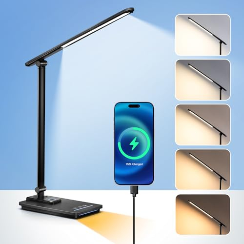 Schreibtischlampe LED mit USB-Ladeanschluss,15 Helligkeit+5 Farb LED Tischlampe LED Schreibtischlampe,Einstellbar Schreibtisch Lampe Desk Lamp,Nachtlicht+Timer Schreibtischlampen Table Lamp Tischlampe