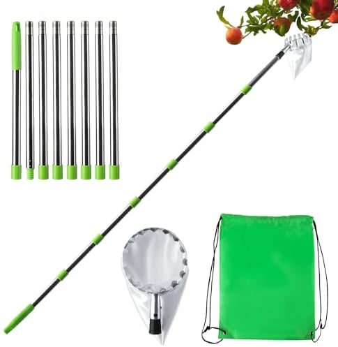 OITUGG 3,2 Metri Raccogli Frutta - Raccogli di Mele, 8 Pezzi in Alluminio Aste, 40cm per Alluminio Palo in Alluminio, Raccoglitore Frutta con Maniglia Lunga e Borsa in Tessuto, Facile da Montare