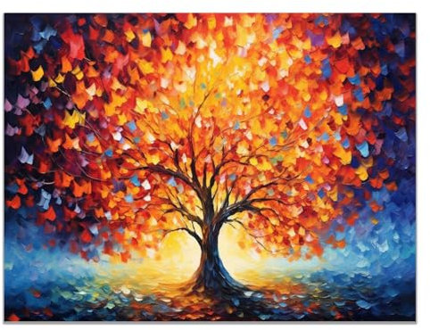 JOSUE Arbre De Vie Decoration Arbre coloré Tableau Moderne Sur Toile,Rouge, or Peintures Salon DéCoration Murale Impression- 50x70cm Sans cadre