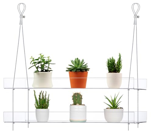 GREANER Hanging Window Plant Shelves, 2-Tier Clear Hanging Plant Stand, Acrylic Window Boxes Plant Shelves for Window, Indoor Outdoor Plants, Wall, Garden, Room Decor, Balcony
