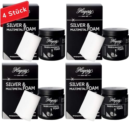 Hagerty 4x Silver & Multimetal Foam Schaumreiniger je 185g I Effektive Pflegepaste für Silber Metall Zinn Edelstahl Chrom I Putzmittel für erneuerten Glanz I inkl. Schwamm
