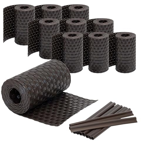 Jardinion Sichtschutzstreifen Rattan Optik 250 x 19cm, 10 Stück (25m) Dunkelbraun inkl. 20 Befestigungsclips Sichtschutz Rattan, Balkon Sichtschutz, Terrassen- und Gartenzaun Sichtschutz