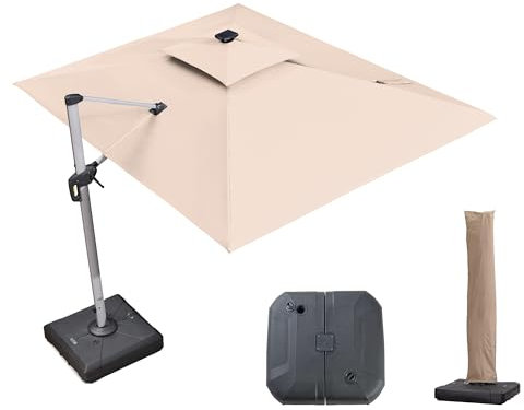 PURPLE LEAF Parasol Déporté 2,7 x 3,65 m Rectangulaire avec LED et Pieds de Parasol, Parasol de Jardin Extérieur à Toit Double Rotatif 360°, Pour Patio, Piscines, Restaurants Extérieurs, Beige