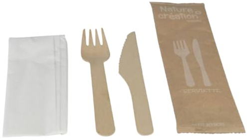 250 Couverts 3 en 1: Bois de Bouleau Naturel et Biodégradable - Fourchette, Couteau et Serviette