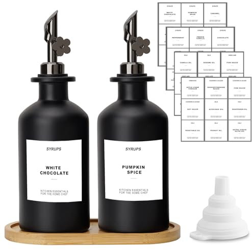 sunal Olive Oil Dispenser Bottles with Tray,Set of 2 Black Olive Oil Dispenser,350ml/11.8 oz Glass Oil and Vinegar Dispenser Set for Kitchen with Weighted Pourer and Waterproof Label&Silicone Funnel
