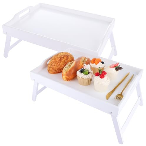 WOPPLXY 2PCS White Bed Tray Breakfast Platters Tray, 41.5x30x20.5CM Bed Table Serving Trays with Folding Legs and Handles, Lap Trays for Eating, Laptop Bed Tray