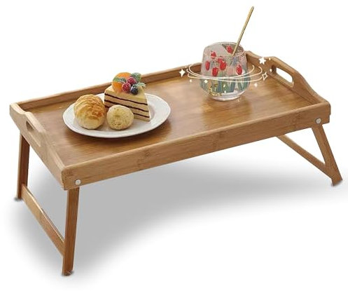 WOWZILLA Bamboo Foldable Legs Breakfast Tray, Portable Laptop Desk, Eco-Friendly Wooden Serving Tray for Home Use
