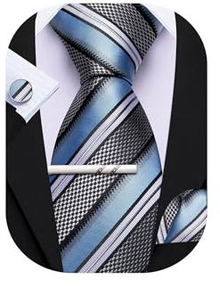 Barry.Wang Gestreifte Krawatte mit Krawattenklammer für Herren, Seidenkrawatte, Einstecktuch, Manschettenknöpfe, Set, formell, Business, Hochzeit, Party, hellblau schwarz, Einheitsgröße