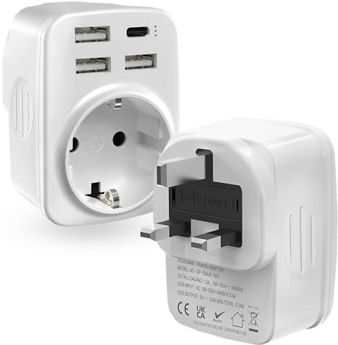 5 in1 HITRENDS Reiseadapter Steckdose mit USB-Anschlüssen, Reisestecker Adapter England Deutschland Stecker, Typ F/G Steckdose EU auf UK, Steckdosenadapter England Adapter UK Reise,weiß