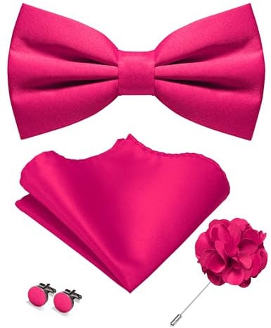 JEMYGINS Herren Matte Einfarbige Fliege mit Taschentuch Manschettenknöpfen und Ansteckblume Set heißes Rosa