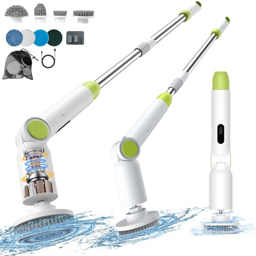 Electric Spin Scrubber, Cordless Electric Cleaning Brush with Adjustable Handle, 8 Cleaning Brush Heads, Rechargeable Power Scrubber for Bathroom, Kitchen, Floors, Car