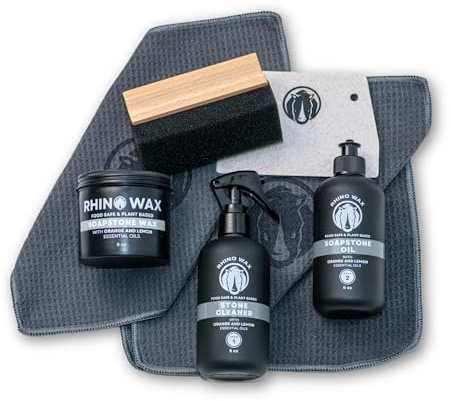 Rhino Wax Soapstone Ultimate Care Kit - Includes Stone Spray Cleaner, Soap-Stone Oil, Wax, Scraper, Large Applicator, 3 Microfiber Cloths - Complete Protection for Stone Surfaces - Made in USA
