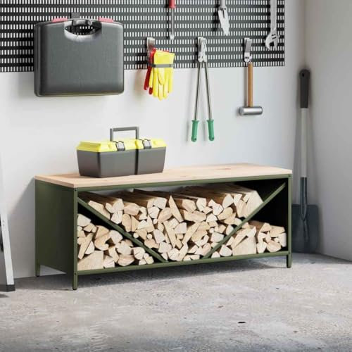NQJIBUE Firewood Rack with Wooden Top Olive Green 100.5x35.5x40 cm