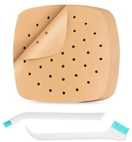 HABNI 100 Fogli Carta Per Friggitrice Ad Aria Carta Da Forno Per Friggitrice Ad Aria Quadrati Forati Monouso Antiaderente Senza Olio Alimenti Fritti Arrosto 21.5×21.5Cm Con 2 Spazzola Di Pulizia