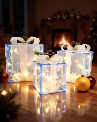 QUICARD 3er-Set LED-Geschenkboxen mit Fernbedienung – Inkl. Netz-Stern & Tannenzapfen – Weihnachtsdekoration für innen & außen (Baum, Tür, Garten, Hof)