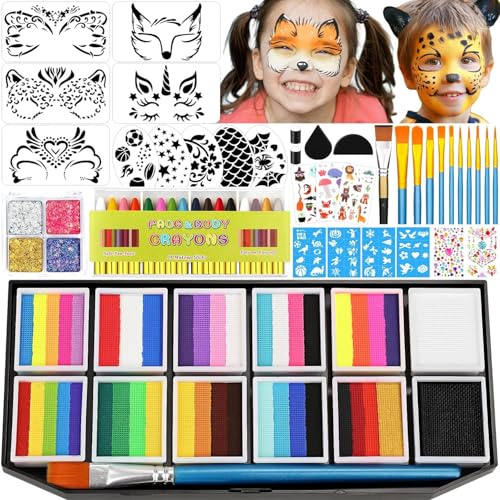 Kit de pintura facial para niños y adultos, 12 x 10 g, paleta de pintura facial a base de agua con pincel de plantilla, crayón con purpurina, juego de pintura corporal profesional para fiestas