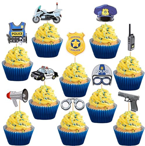 Silars Tortendeko Polizei, 20 Stück Cupcake Toppers Polizei Kuchen Deko, Enthalten Handpistole, Polizeiwagen, Polizei Emblem und usw. für Polizei Thema Kinder Geburtstag Party Torten Dekoration