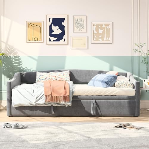 SUNFECILI Ausziehbares Schlafsofa mit Doppelbett 90/180 x 200 cm, Polsterbett Tagesbett Für 2 Personen, Schlafsofa mit Lattenrost Multifunktionsbett Aus hautfreundlichem Samtstoff, Grau