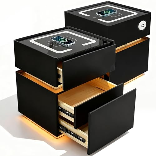 GXSDYYDS Nachttisch 2er Set Schwarz, 40x40x50cm Modern LED Nachttisch mit 3 Schubladen, Beistelltisch mit Ladefunktion, Nachtschrank aus Holz Bedside Table für Schlafzimmer, Wohnzimmer