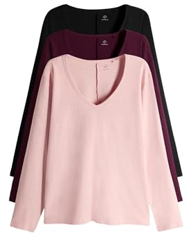 THE SET Damen t Strukturierte Langarmoberteile mit tiefem V-Ausschnitt aus 100% Baumwolle, 3er-Pack