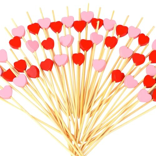 LQTSLFM 200 Pièces Coeur Cure Dent Decoratif Aperitif, Pique Cocktail Cœur en Bois, Brochettes Cocktail Cure, Coeur Cure Dent Decoratif pour Fruits Desserts Saint-Valentin Mariage (Rouge Rose-A)