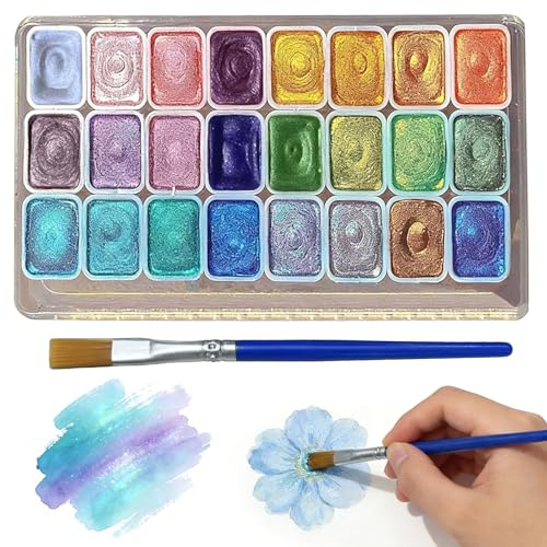 24 Couleurs Peinture Aquarelle Métalliques, Aquarelle Peinture Solide (A) | Chaque Compartiment Contient 1 ml, Aquarelles à Paillettes Minérales avec Stylo de Contour pour Débutants Professionnels