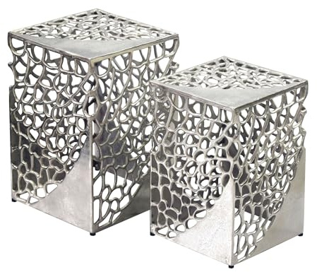 FineBuy 2er Set Beistelltisch Aluminium Silber - Design Couchtisch Set - Metalltisch Wohnzimmertisch modern Alu - Sofatisch quadratisch Metall - Loungetisch Set Satztisch Handmade