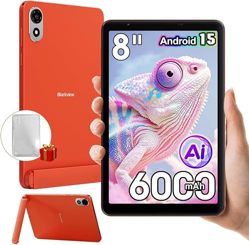 Blackview ZENO 1 Tablet, 8 Inch HD Screen, Android 15 Tablet, 12GB RAM + 64GB ROM/TF 1TB, 6000mAh Battery, Dual Box Speaker, 4G LTE 5G WiFi, Face Unlock, GPS, OTG, FM, 3.5mm Jack, Orange