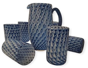 VETRERIA ARTISTICA COLLEONI Set da tavola coordinata in vetro di Murano originale Prodotto artigianale realizzato con tecnica baloton bianco ed blu unico e certificato