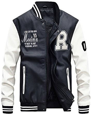 Vogstyle Men's PU Leather Varsity College Baseball Jacket Baseball Bomber Coat White M