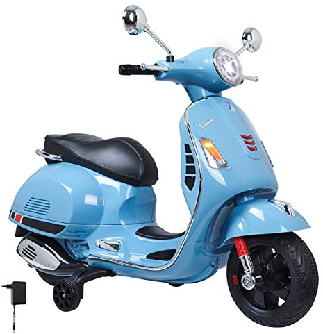 JAMARA 460347 - Ride-on Vespa 12V - leistungsstarker Antriebsmotor und Akku für Lange Fahrzeit, SD-Karten Slot, AUX- und USB-Anschluss, Ultra-Grip Gummiring am Rad, Stützräder, LED-Scheinwerfer, blau
