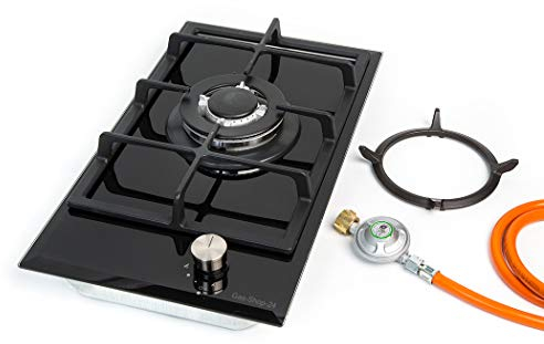 Gaskochfeld 1 flammig Gaskocher Wokbrenner Einbauherd f. Propangas/Erdgas - mit Gusstopfträger, Schlauch & Regler - Guss-Brennerdeckel (Asia Kocher Wok, Gasherd, Campingkocher, Kocher 20-50 mbar)