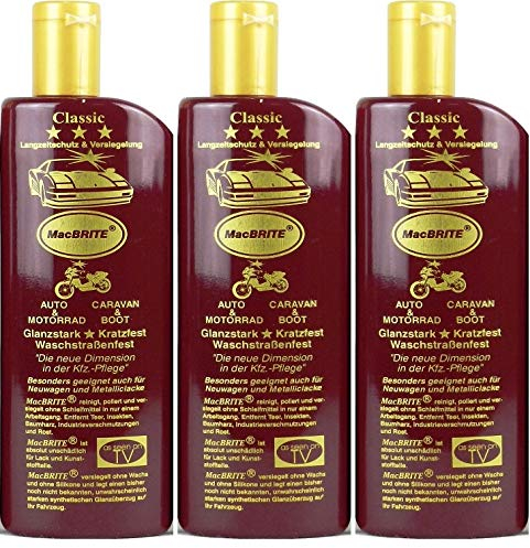 3x MacBRITE je 500ml + 1x BILDMAGNET! Langzeitschutz & Versiegelung Hochglanz Autopolitur für Lacke Chrom Felgen, Politur Lackreiniger Mac Brite Classic Auto Polierpaste, ähnlich Keramikversiegelung