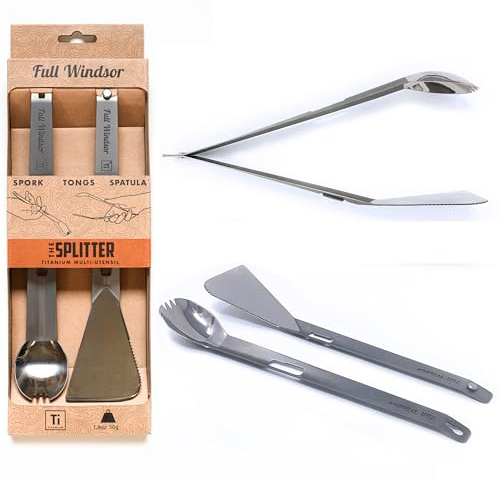 The Splitter Titanium Tongs, Spatula and Spork - Camping Cutlery Multi Tool | for Outdoor Cooking, Grilling, Backpacking, Camping Accesories - Lightweight & Portable All-in-One Multi Utensil Set