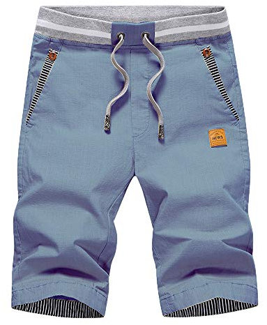 JustSun Mens Summers Cotton Casual Shorts Elastic Waist Pockets Denim Blue Small