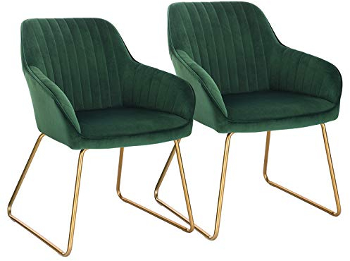 WOLTU Esszimmerstühle 2er Set Küchenstühle Wohnzimmerstühle Polsterstühle Sessel, Armlehnstühle mit Rückenlehne, für Esszimmer, Küche, Wohnzimmer, Samt, Gold Metallbeine, Dunkelgrün, BH246dgn-2