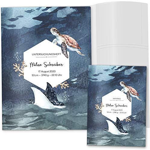 OLGS U-Heft und Impfpasshülle Set mit Personalisierung 3-teilig | Walfisch | Hüllen für Untersuchungsheft & Impfpass mit Namen (Uheft, Impfpass Hülle personalisiert, Schildkröte & Rochen)