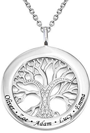 MYKA Family Tree Personalised Engraved Circle Necklace with CZ Stones-Custom Jewellery 925 Sterling-Silver Mum Gift