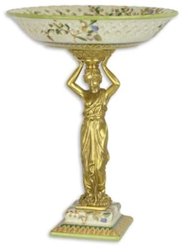 Casa Padrino Jugendstil Deko Schale Mehrfarbig/Gold Ø 25 x H. 33,2 cm - Elegante Porzellan Obstschale mit dekorativer Bronzefigur - Barock & Jugendstil Deko Accessoires