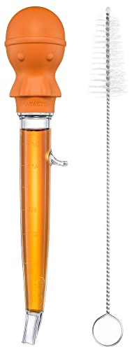 U-Taste 109℃ Hitzebeständige Große Abgewinkelte Bratenspritze Tritan Putenfleisch-Fettpipette mit Silikon Oktopus-Saugkopf und Reinigungsbürste zum Kochen Braten Begießen (1.5 OZ/44 ML, Orange)