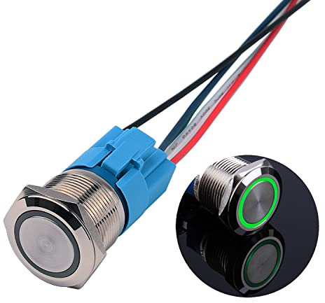 JIQI 22mm 12V bis 24V 5A Verriegelung Druckschalter Metall Rastend EIN/AUS Schalter mit LED Licht IP66 1NO1NC Selbsthemmende wasserdichte vorverdrahte Druckknopfschalter für Van KFZ DIY Motorrad(Grün)