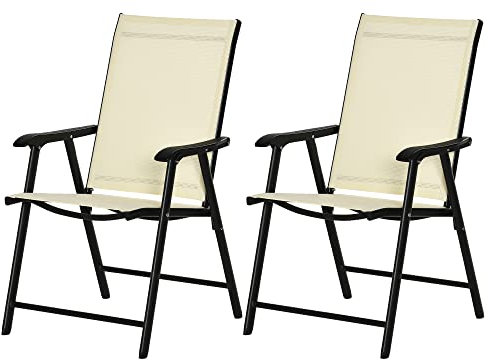 Outsunny Set of 2 Folding Garden Chairs, Metal Frame Garden Chairs Outdoor Patio Park Dining Seat with Breathable Mesh Seat, Beige