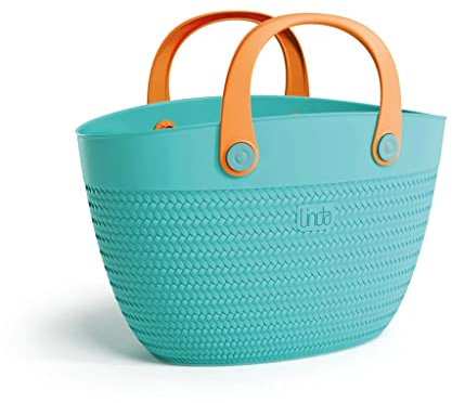 Kunststoff Tragetasche Tragekorb aus flexiblem Kunststoff in Türkis und Rattan Optik