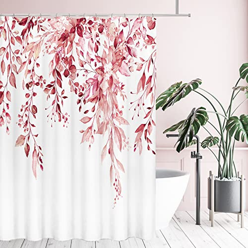 Tititex Pink Eucalyptus Shower Curtain Sets, Watercolor Blush Leaves on The Top Plant with Floral Bathroom Decoration 60x72 Inch with Hooks