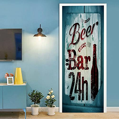 A.Monamour Türtapete Selbstklebend Türfolie Türposter 3D Vintage Retro Grunge Stil Bierbar Poster Auf Hölzernen Hintergrund Vinyl Folie Türdeko Tapete Wandbild Türaufkleber Türtattoo 85 x 200 cm
