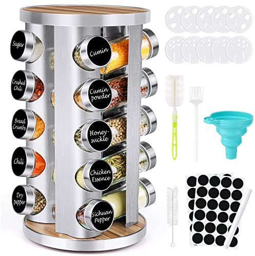 Spice Rack Organizer with Jars for Cabinet (20Pcs) Revolving/Rotating Seasoning Organizer, Stainless Steel/Wooden Countertop Rack Tower Organizer for Kitchen Pantry with Reusable Labels/Funnel/Brushes