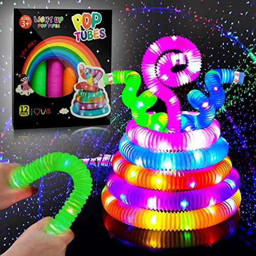 12 Stück Pop Tubes, 2025 Neu Fidget Toys Leuchtstäbe Kindergeburtstag gastgeschenke, leuchtende Partygeschenke für Kinder