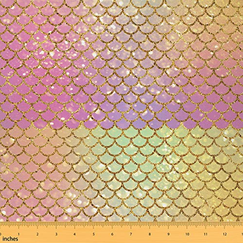 Meerjungfrau Stoff Meterware Mädchen Meerjungfrau Schuppen Möbelstoff Girly Meer Tier Dekostoff für Kinder Frauen Golden Seigaiha DIY Stoff für Polsterung und Home Akzente 276 x 150 (HxB) Rosa Gelb