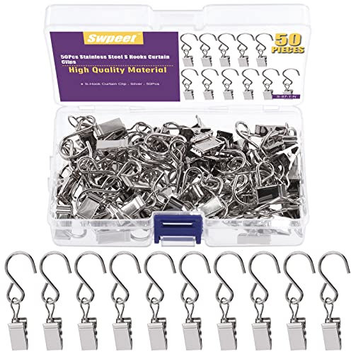 Swpeet 50 ganchos de metal plateado en forma de S para cortina con kit de ganchos en S, soporte de alambre fuerte para colgar luces de caravana, toldo, fotos, decoración de Navidad, exhibición de